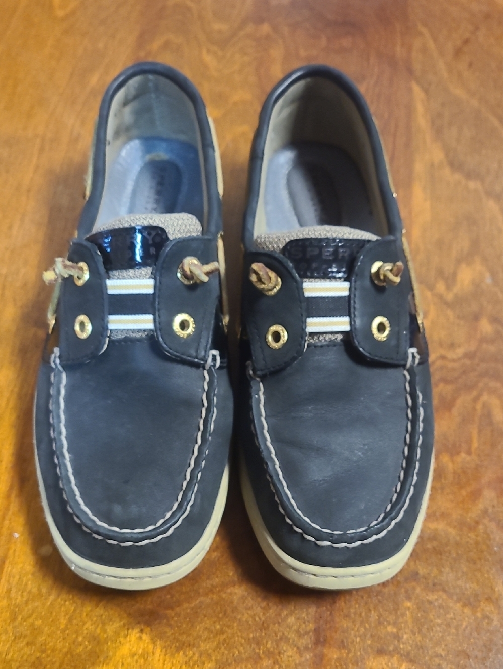Sperry Black Leather Boat Shoes with Cream Soles